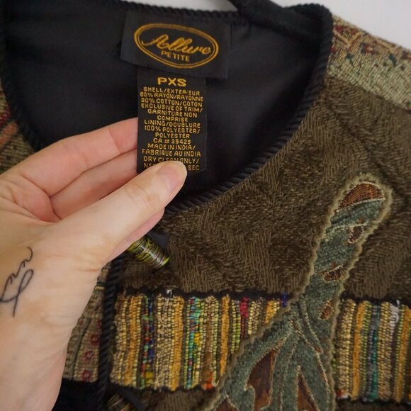 Vintage '90S Allure Petite Black Green Patchwork Paisley Tapestry Jacket PXS - Picture 10 of 16